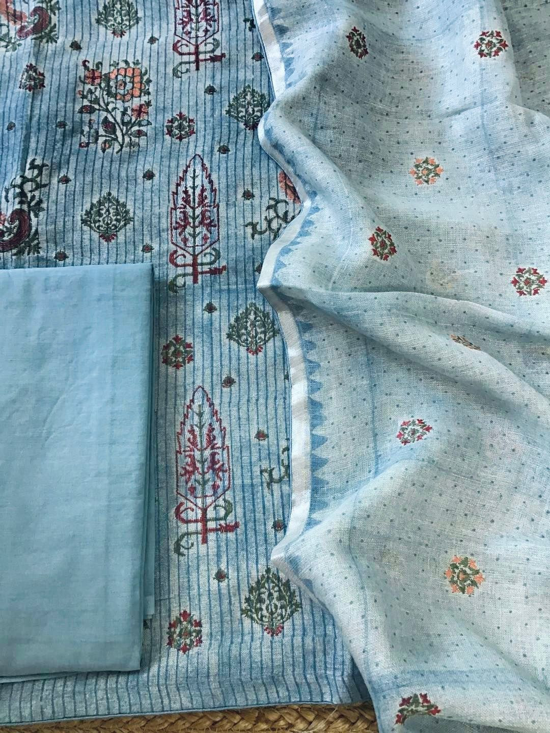 Pure Linen Jute Cotton Printed Embroidered Suit - Blue