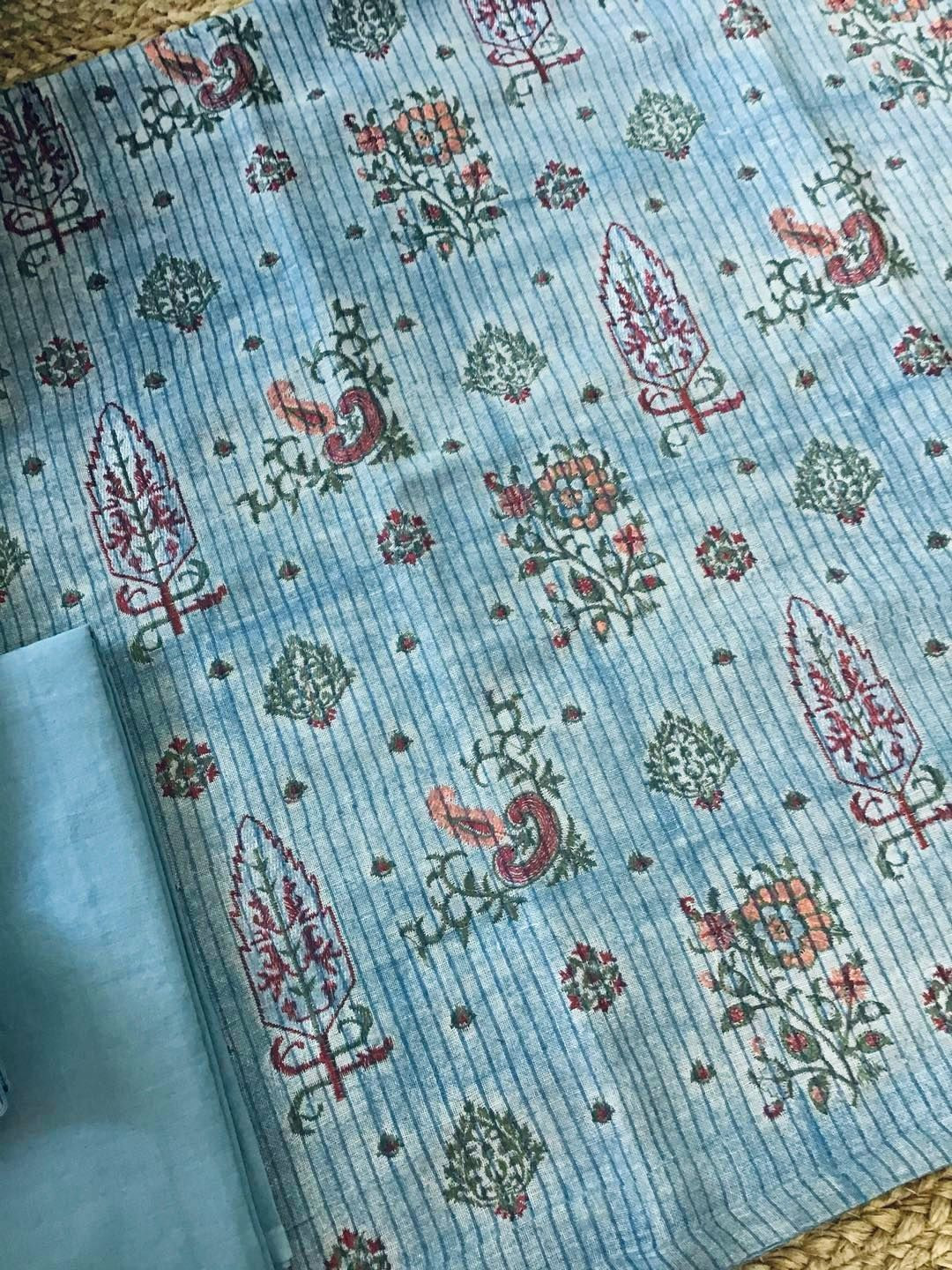 Pure Linen Jute Cotton Printed Embroidered Suit - Blue