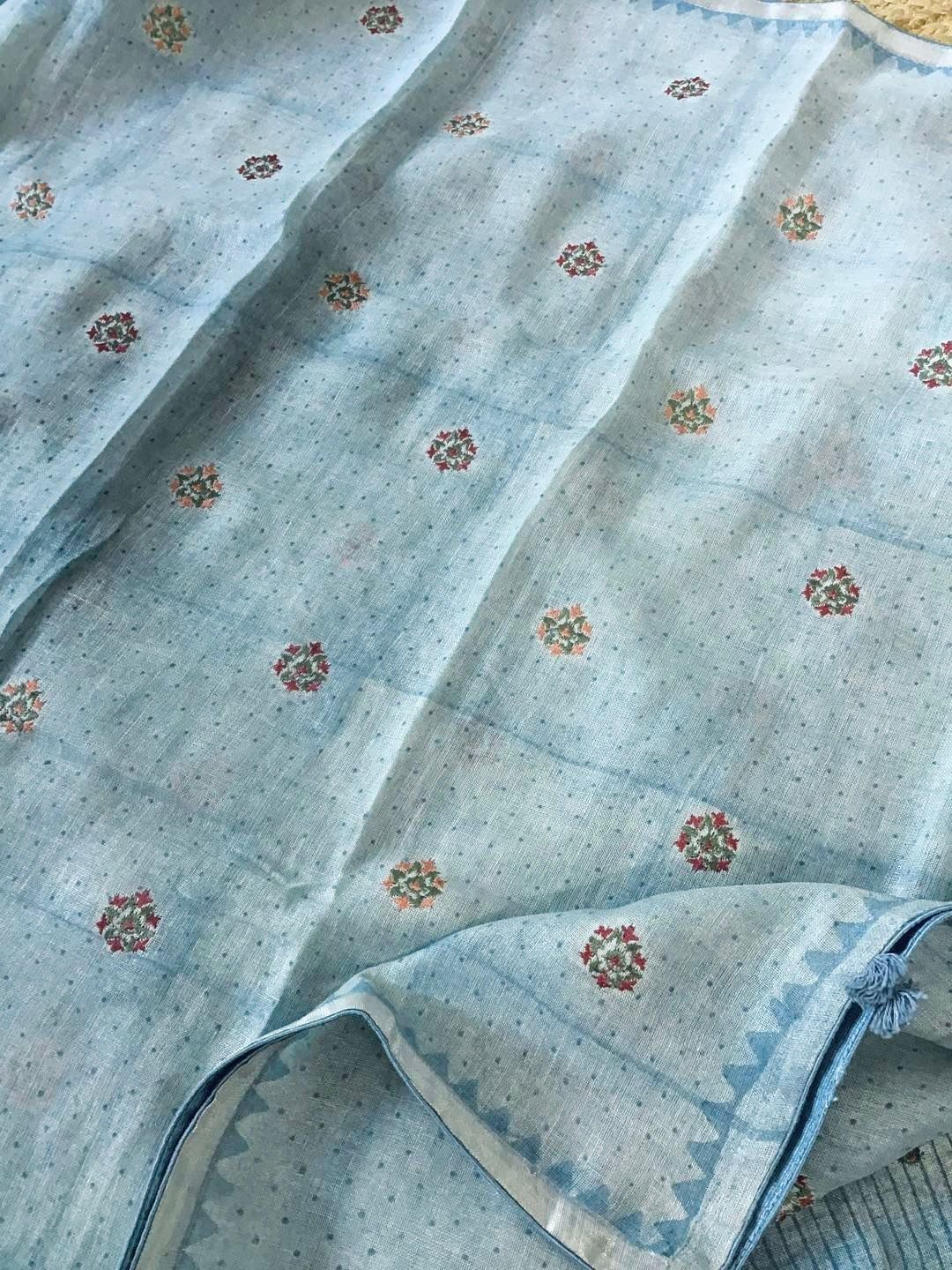 Pure Linen Jute Cotton Printed Embroidered Suit - Blue