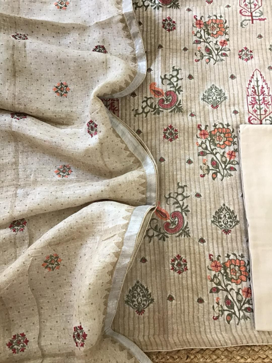 Pure Linen Jute Cotton Printed Embroidered Suit - Beige