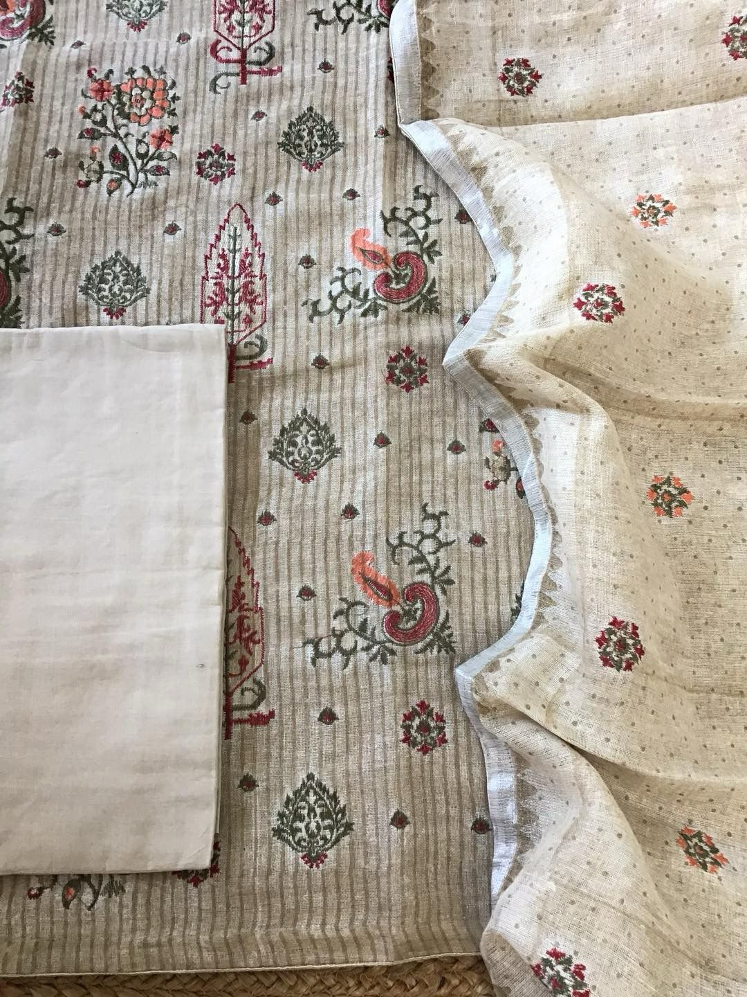 Pure Linen Jute Cotton Printed Embroidered Suit - Beige