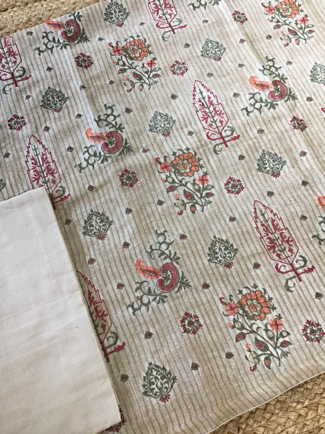 Pure Linen Jute Cotton Printed Embroidered Suit - Beige