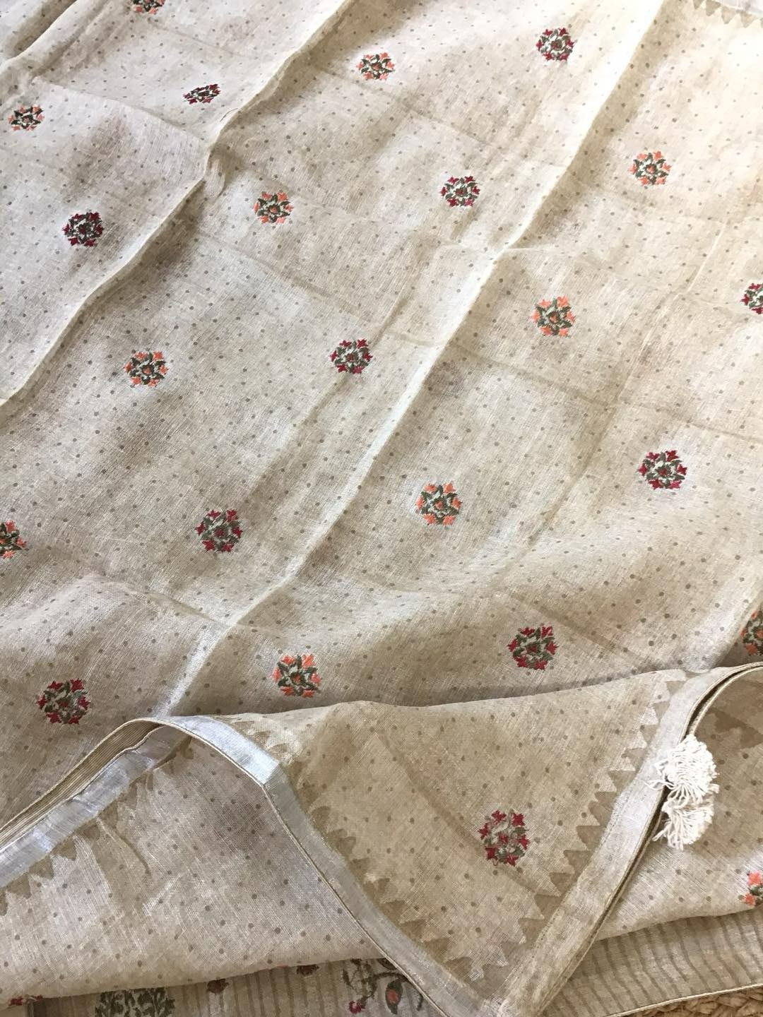 Pure Linen Jute Cotton Printed Embroidered Suit - Beige