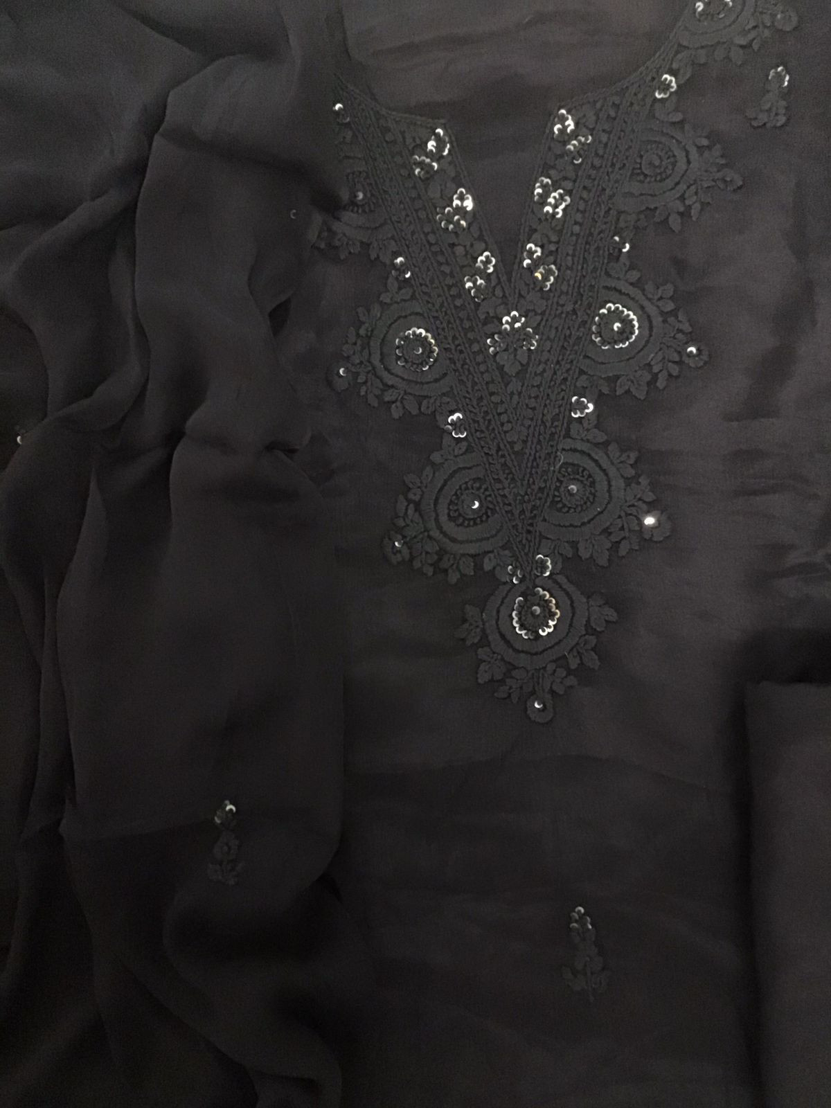 Pure Chinnon Silk Embroidered Suit - Black