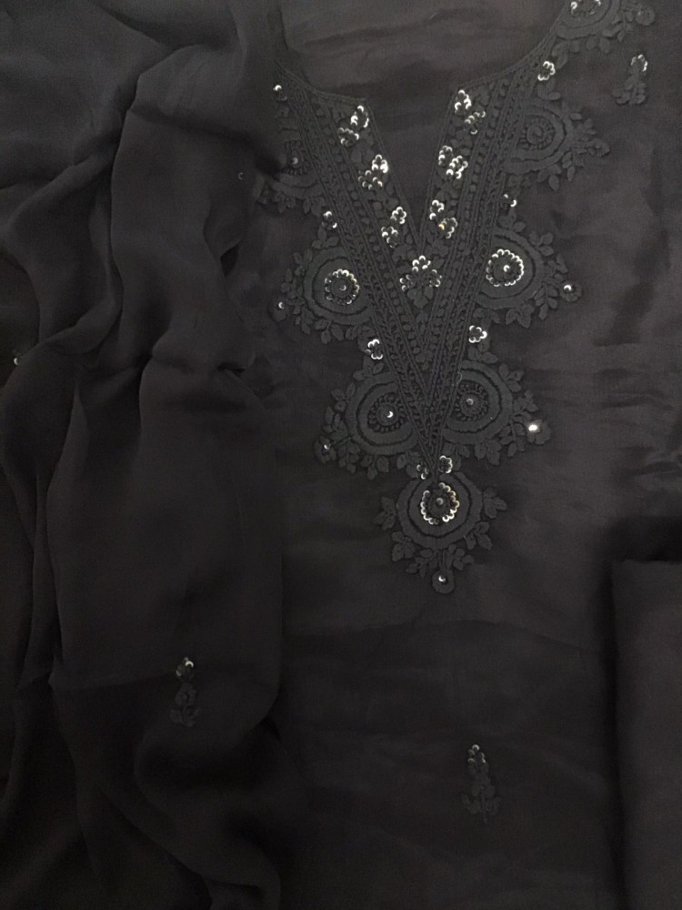 Image of Pure Chinnon Silk Embroidered Suit - Black