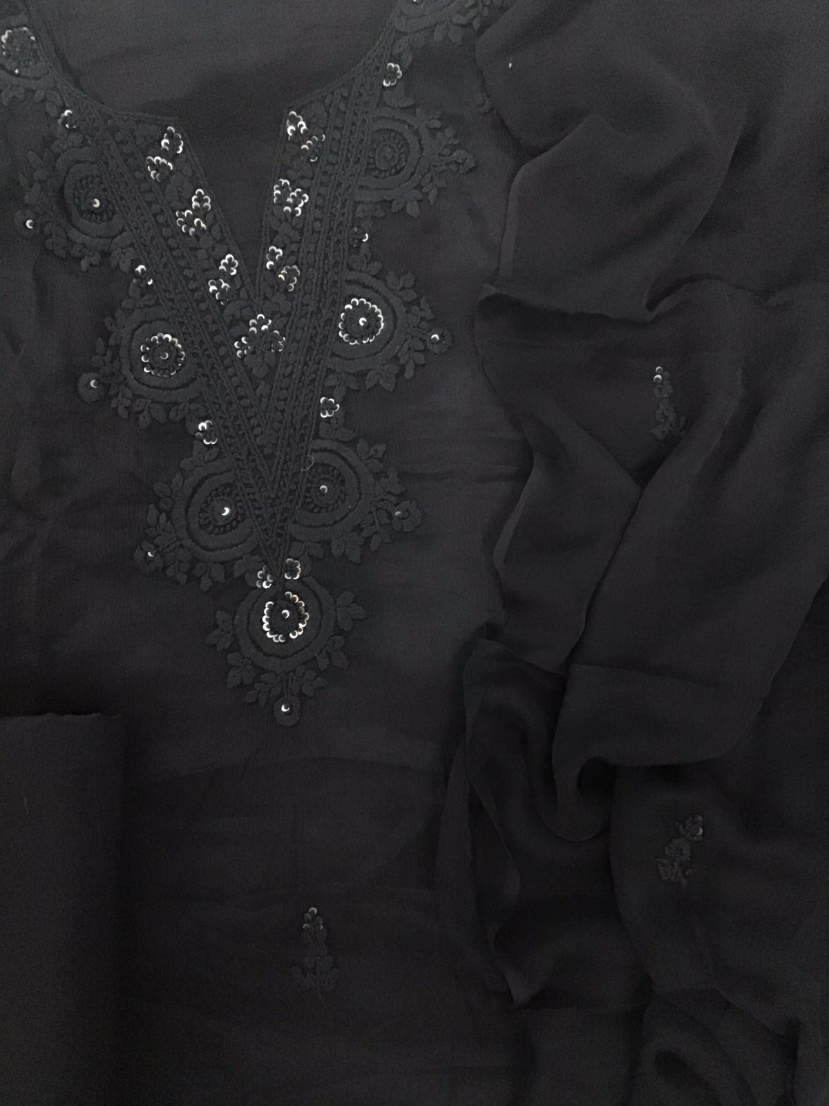 Pure Chinnon Silk Embroidered Suit - Black