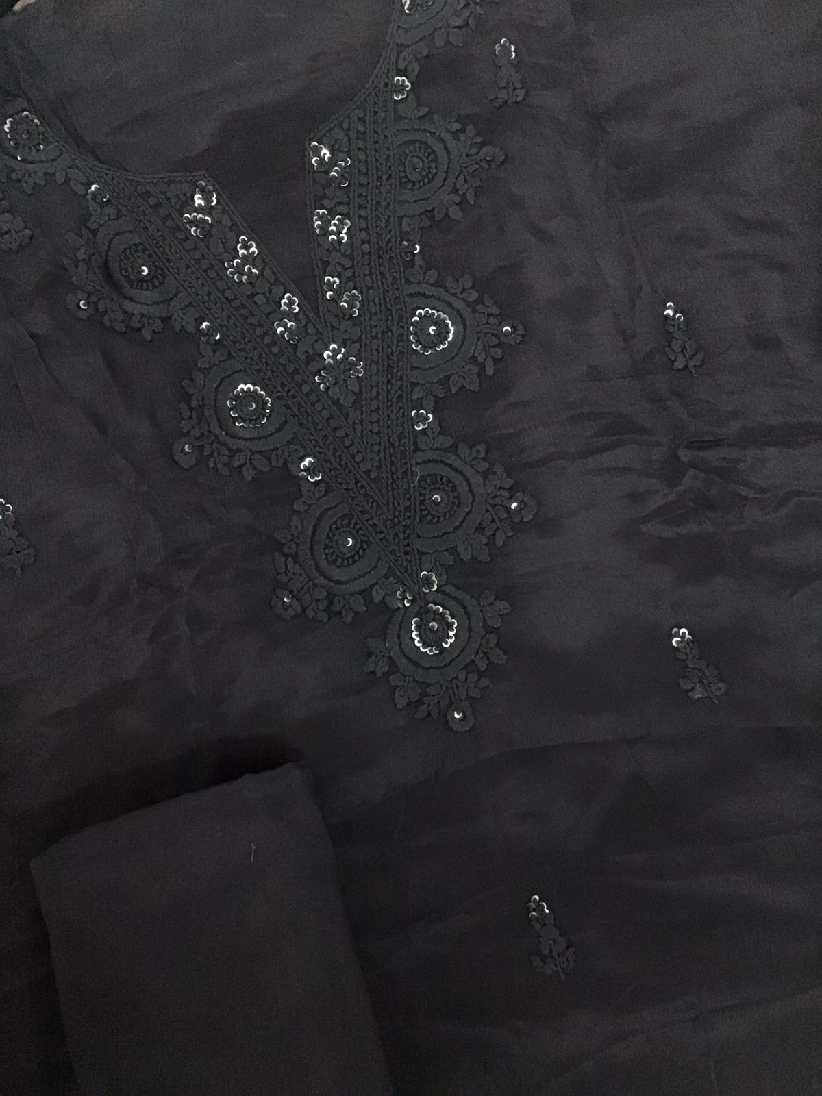 Pure Chinnon Silk Embroidered Suit - Black