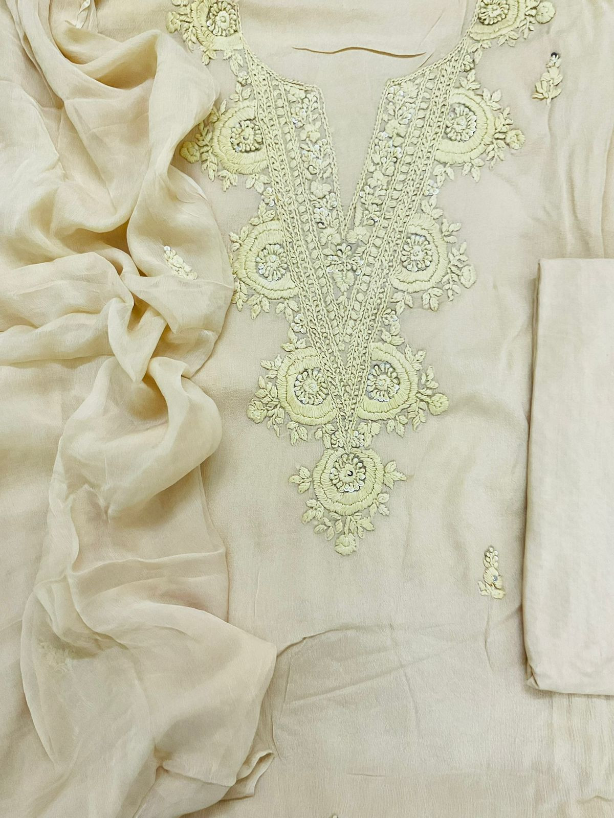 Pure Chinnon Silk Embroidered Suit - Beige