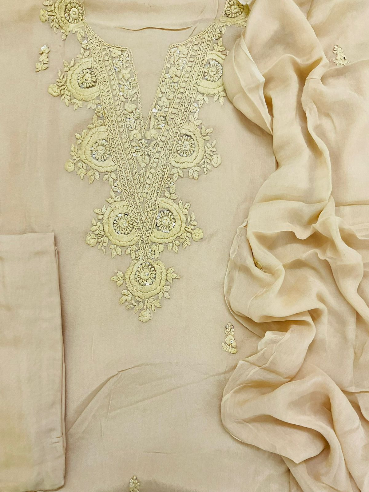 Pure Chinnon Silk Embroidered Suit - Beige