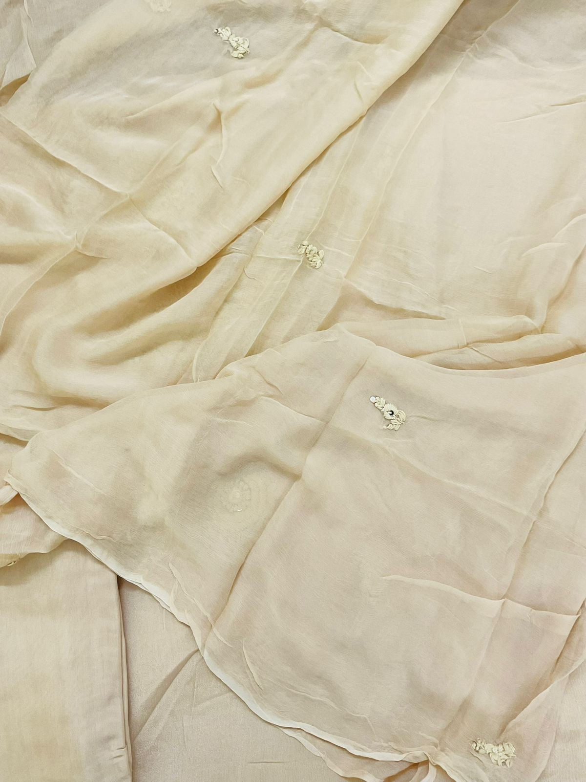 Pure Chinnon Silk Embroidered Suit - Beige