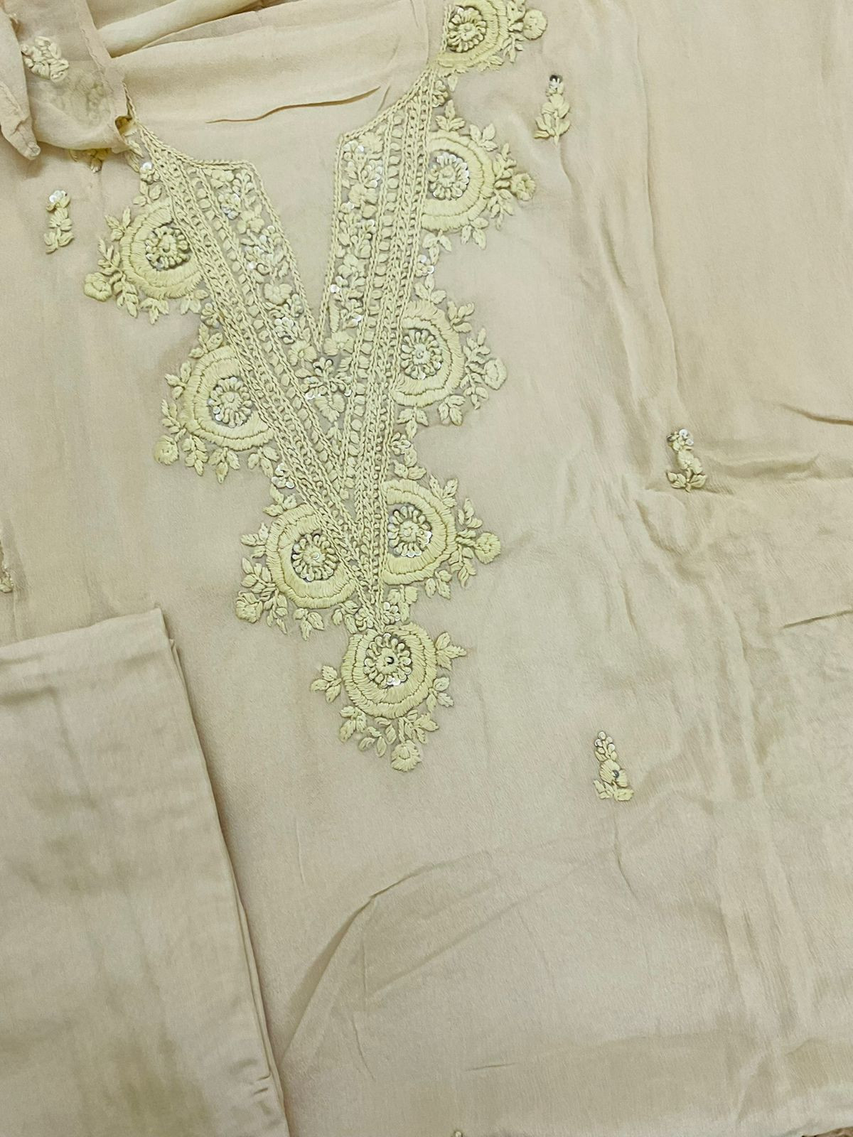 Pure Chinnon Silk Embroidered Suit - Beige