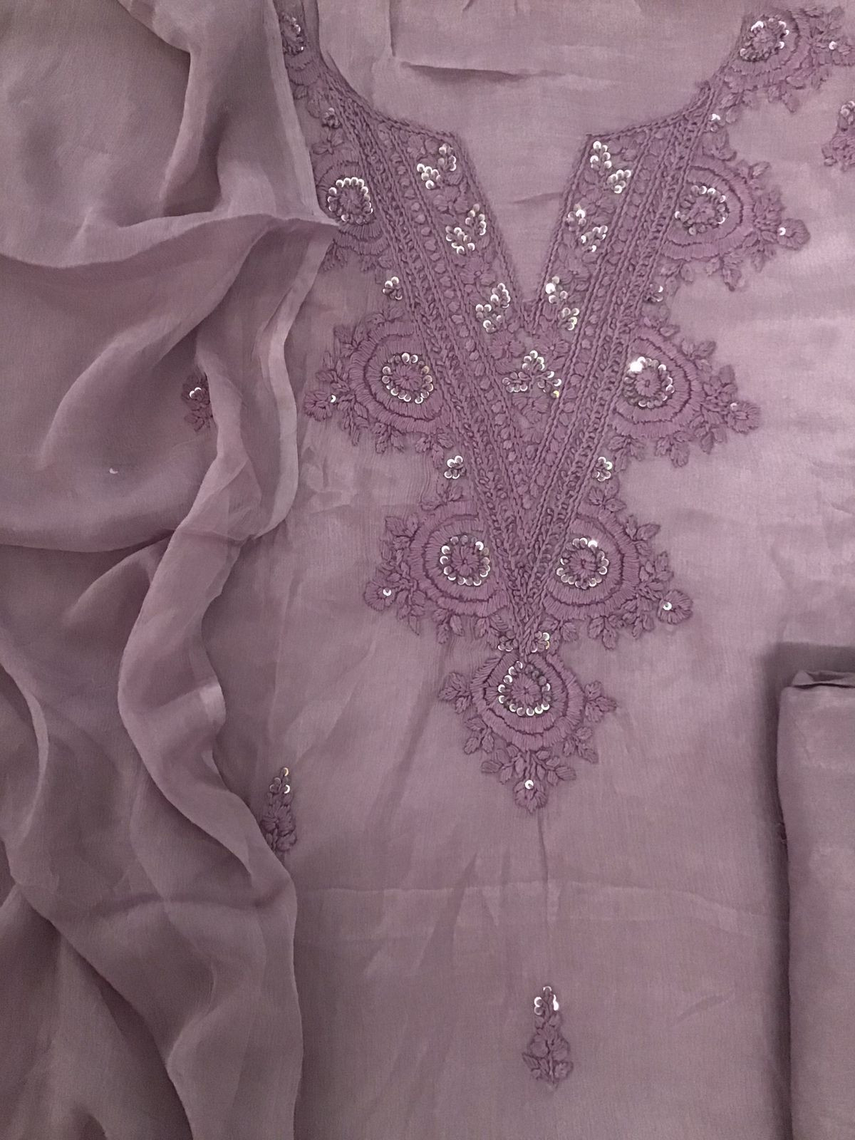 Pure Chinnon Silk Embroidered Suit - Mauve