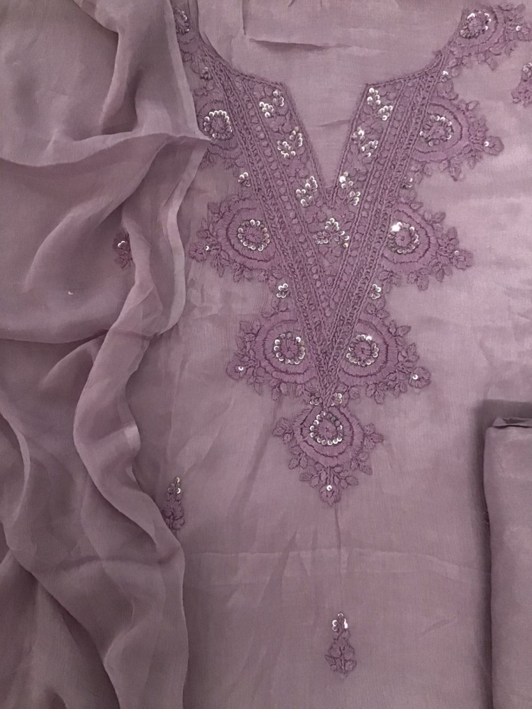 Image of Pure Chinnon Silk Embroidered Suit - Mauve