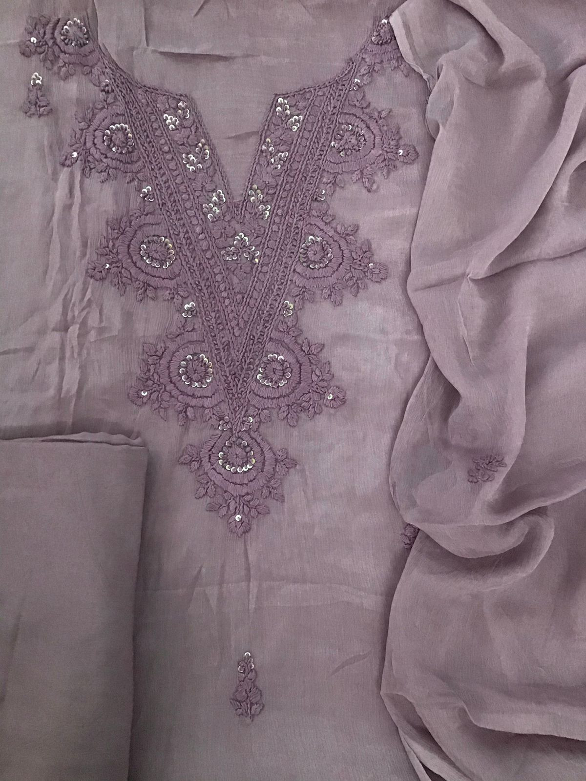Pure Chinnon Silk Embroidered Suit - Mauve