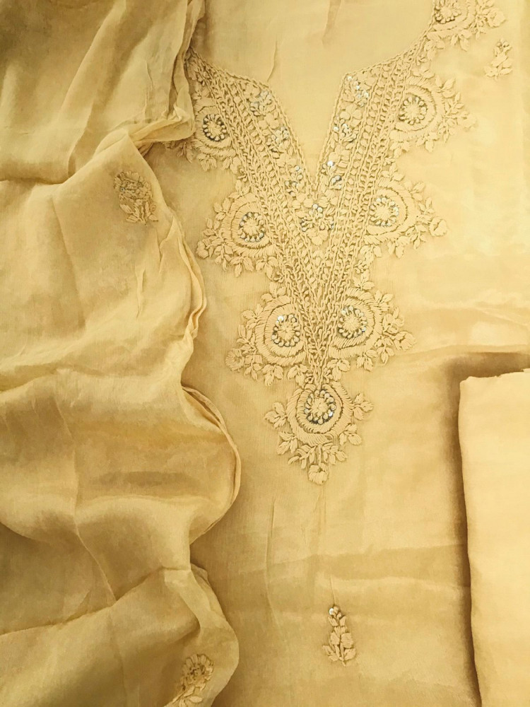 Image of Pure Chinnon Silk Embroidered Suit - Yellow