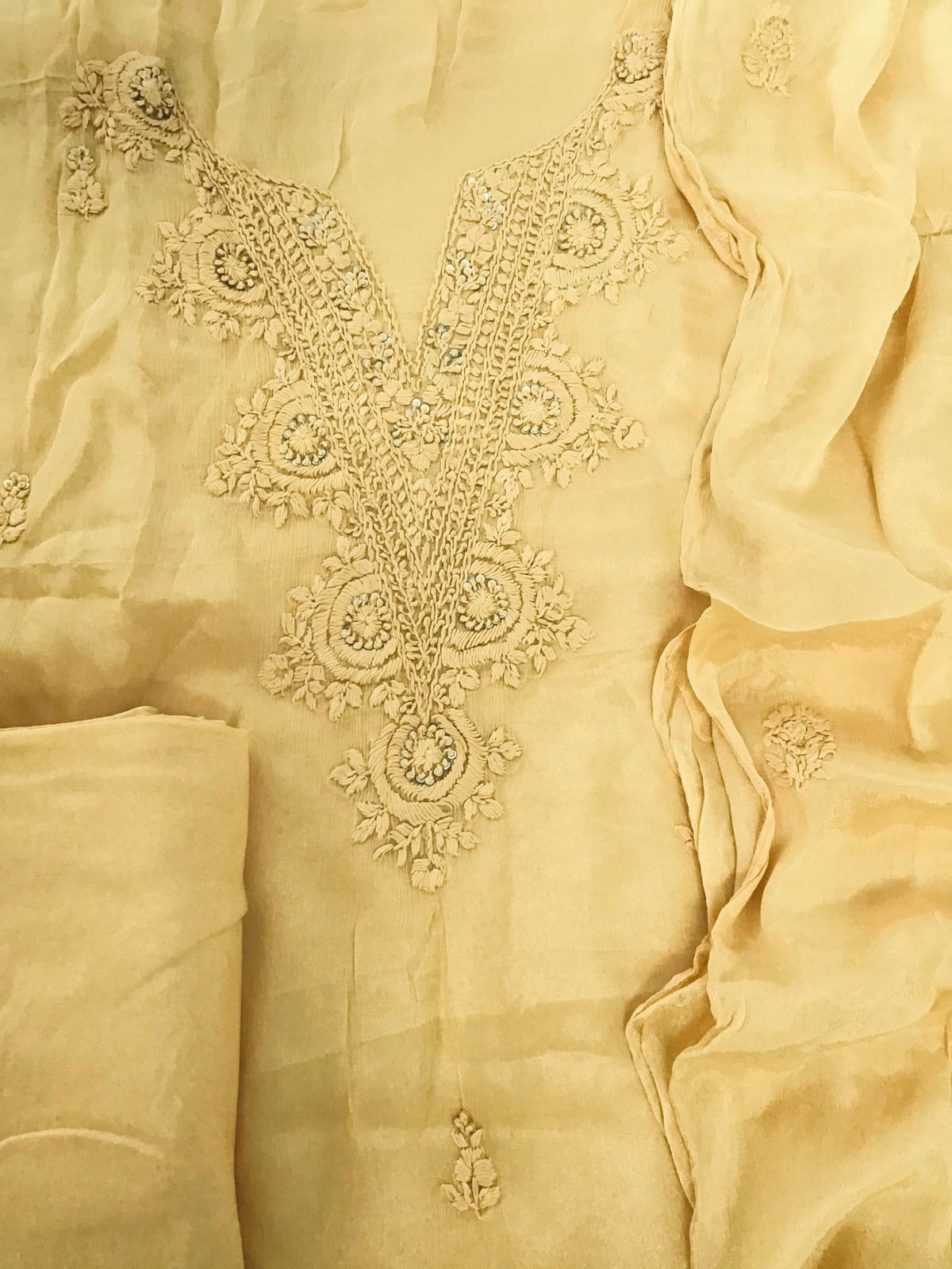 Pure Chinnon Silk Embroidered Suit - Yellow
