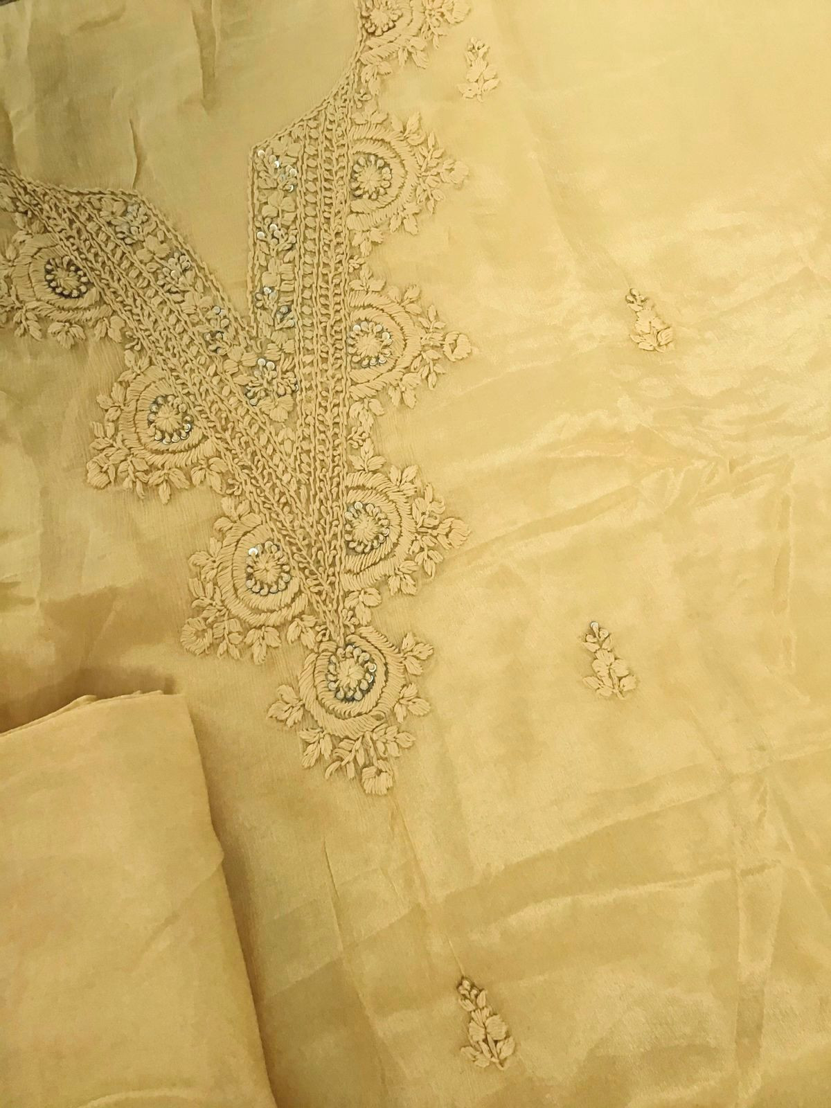 Pure Chinnon Silk Embroidered Suit - Yellow
