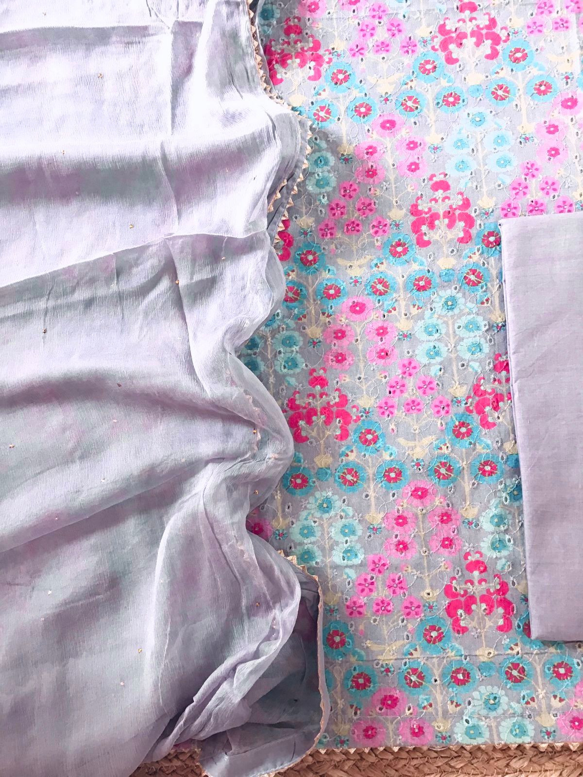 Pure Cotton Printed Embroidered Suit - Lavender