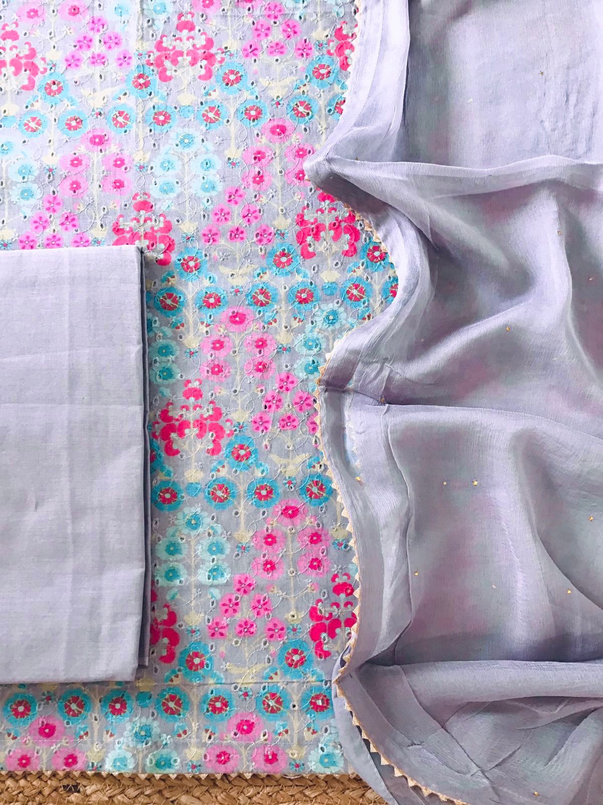 Pure Cotton Printed Embroidered Suit - Lavender