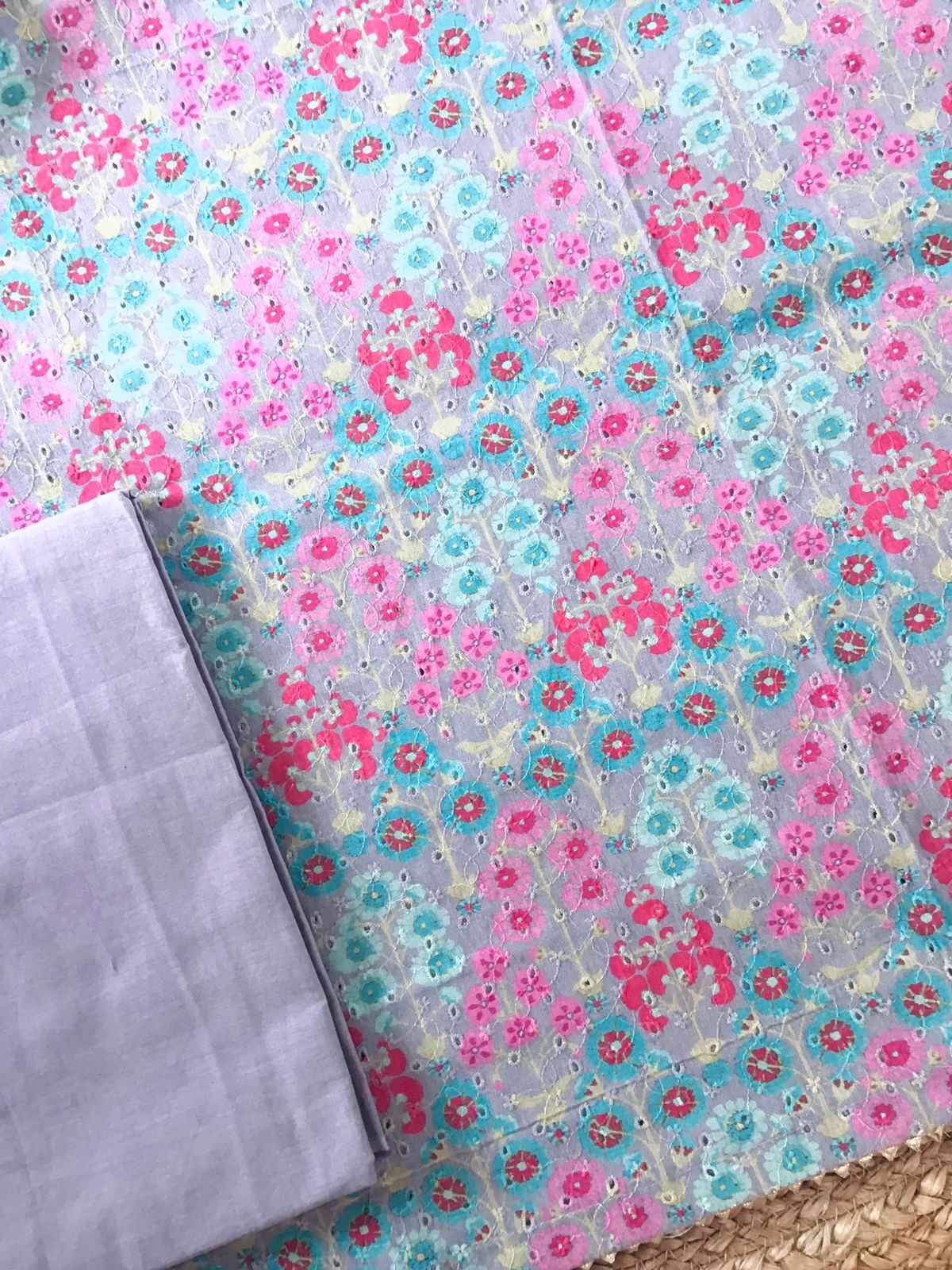 Pure Cotton Printed Embroidered Suit - Lavender