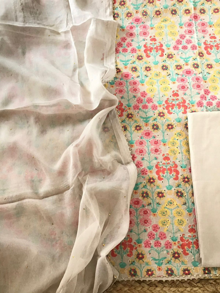 Image of Pure Cotton Printed Embroidered Suit - Beige