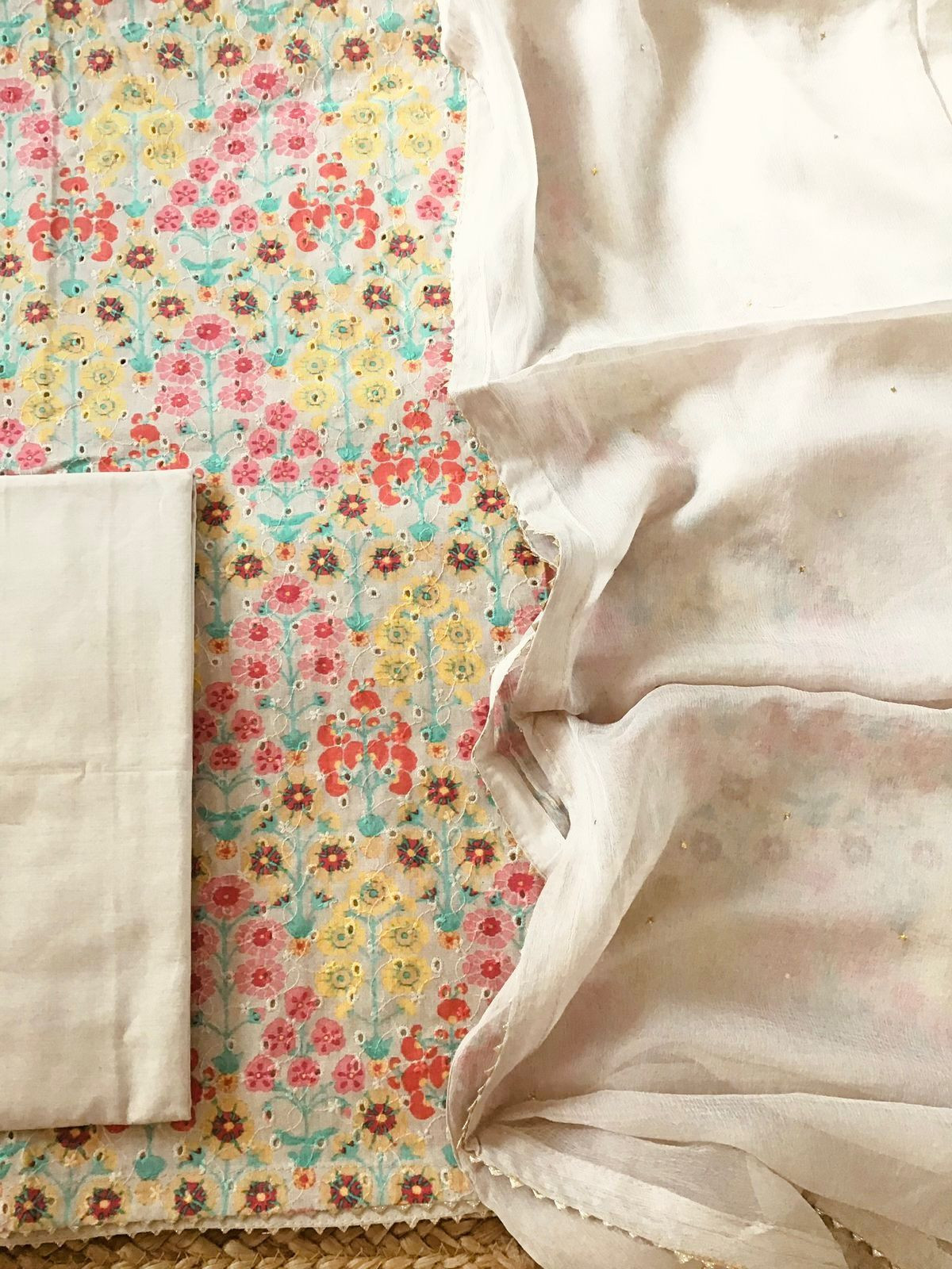 Pure Cotton Printed Embroidered Suit - Beige