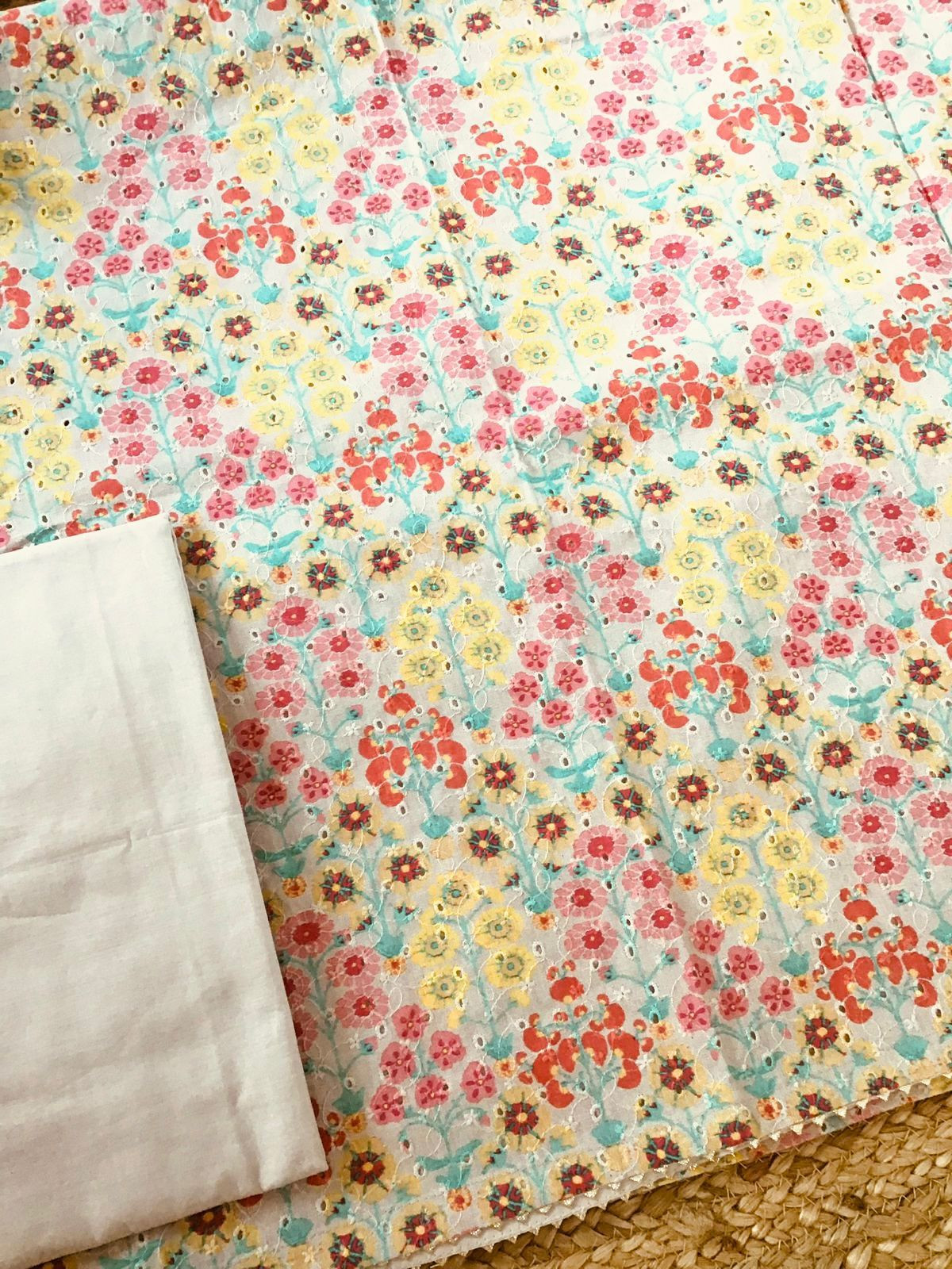 Pure Cotton Printed Embroidered Suit - Beige