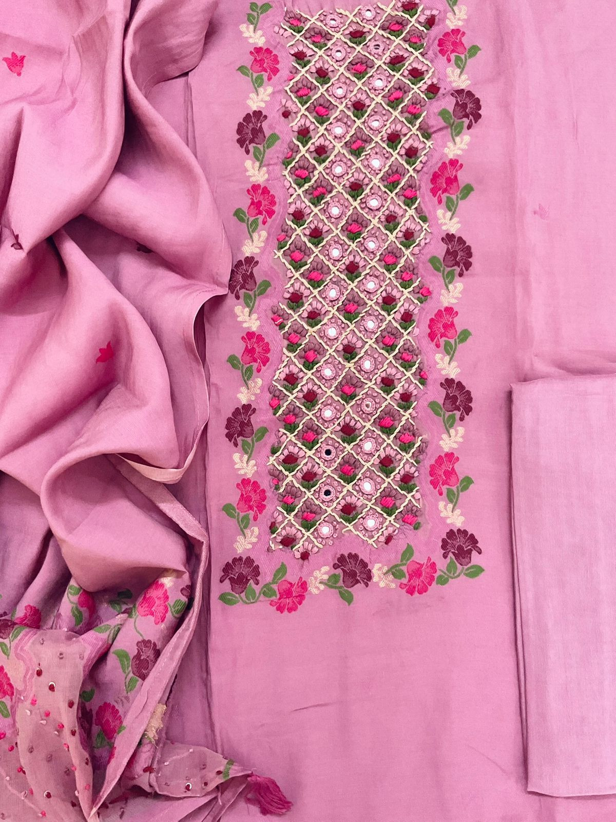 Pure Muslin Jamdani Weaved Embroidered Suit - Purplish Pink