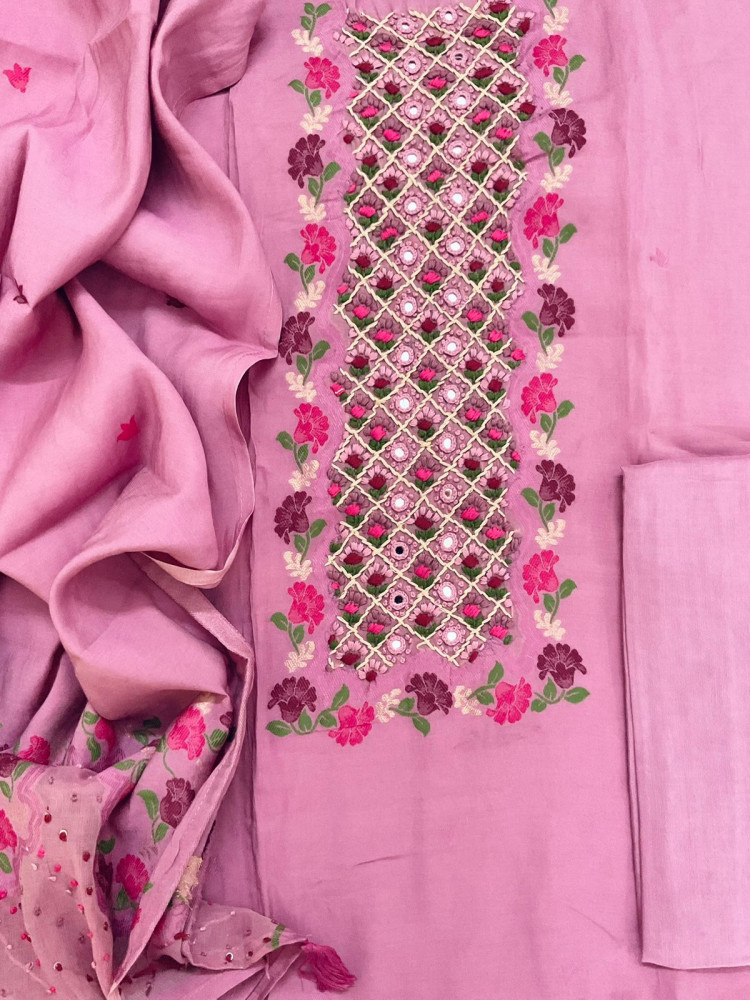 Image of Pure Muslin Jamdani Weaved Embroidered Suit - Purplish Pink