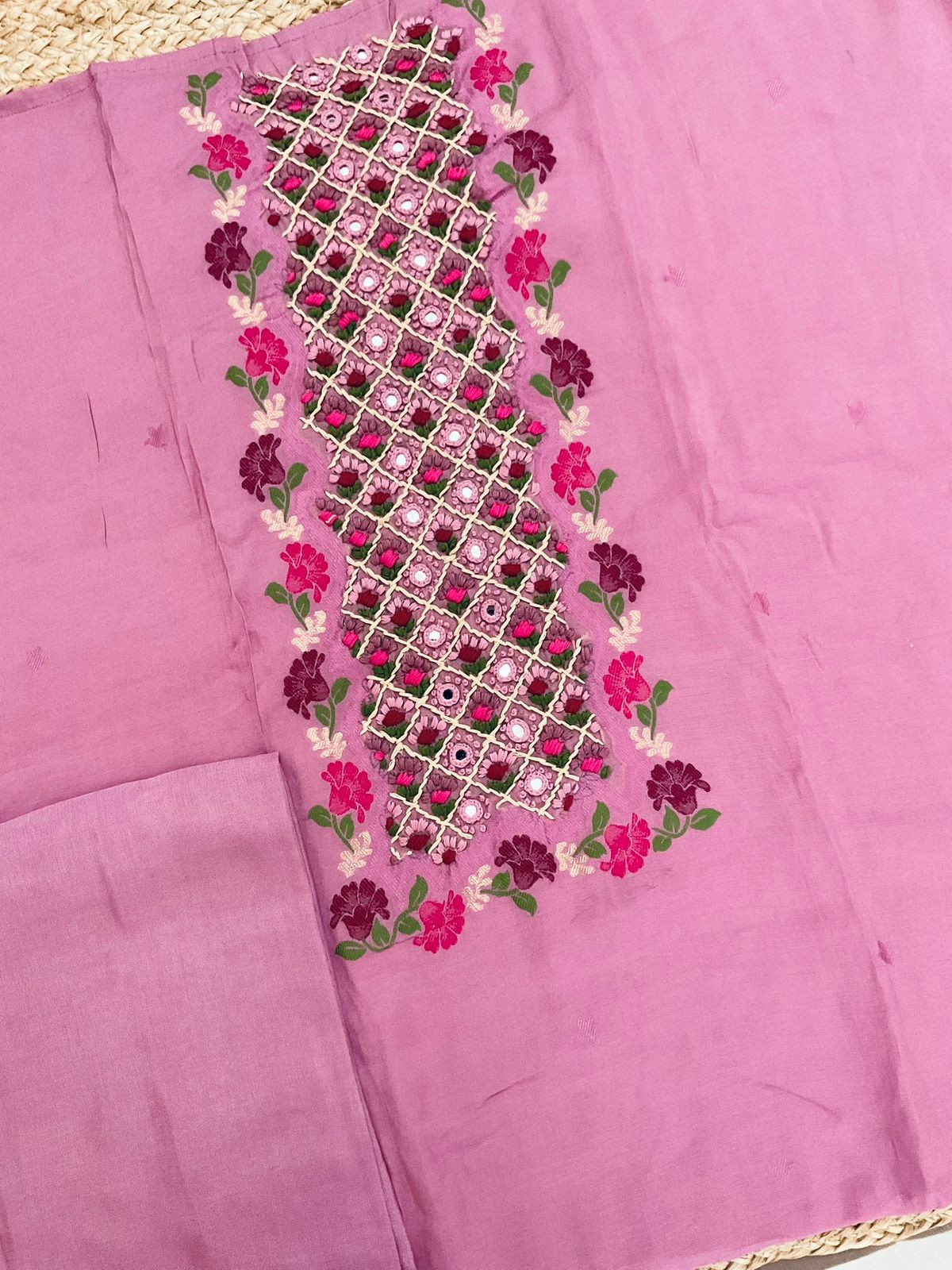 Pure Muslin Jamdani Weaved Embroidered Suit - Purplish Pink