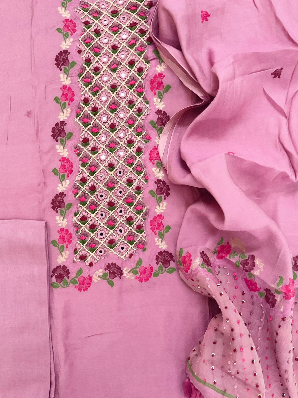 Pure Muslin Jamdani Weaved Embroidered Suit - Purplish Pink