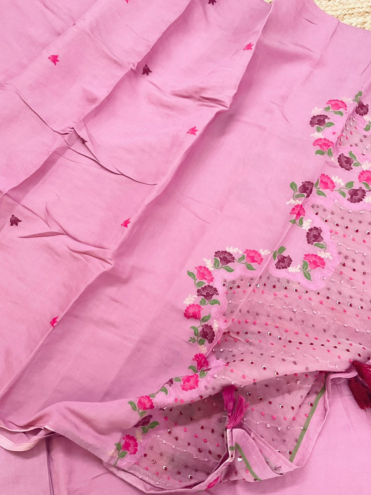 Pure Muslin Jamdani Weaved Embroidered Suit - Purplish Pink