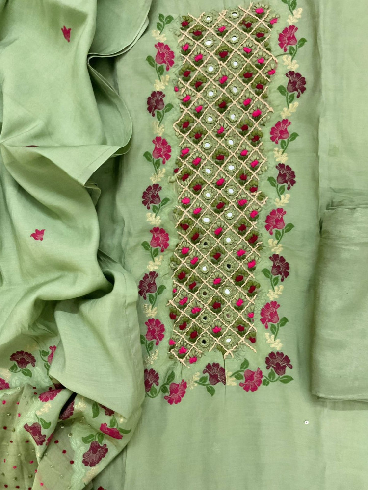 Image of Pure Muslin Jamdani Weaved Embroidered Suit - Green