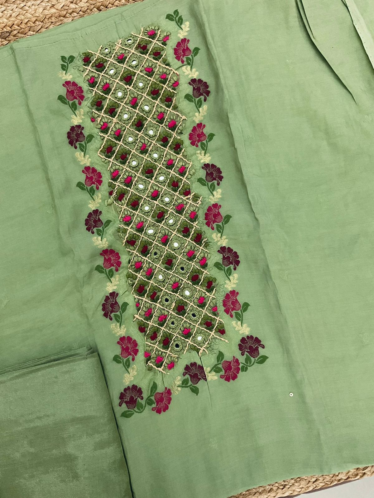 Pure Muslin Jamdani Weaved Embroidered Suit - Green