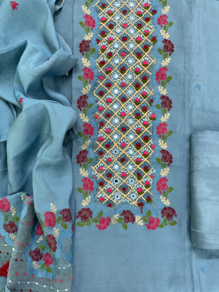 Image of Pure Muslin Jamdani Weaved Embroidered Suit - Blue