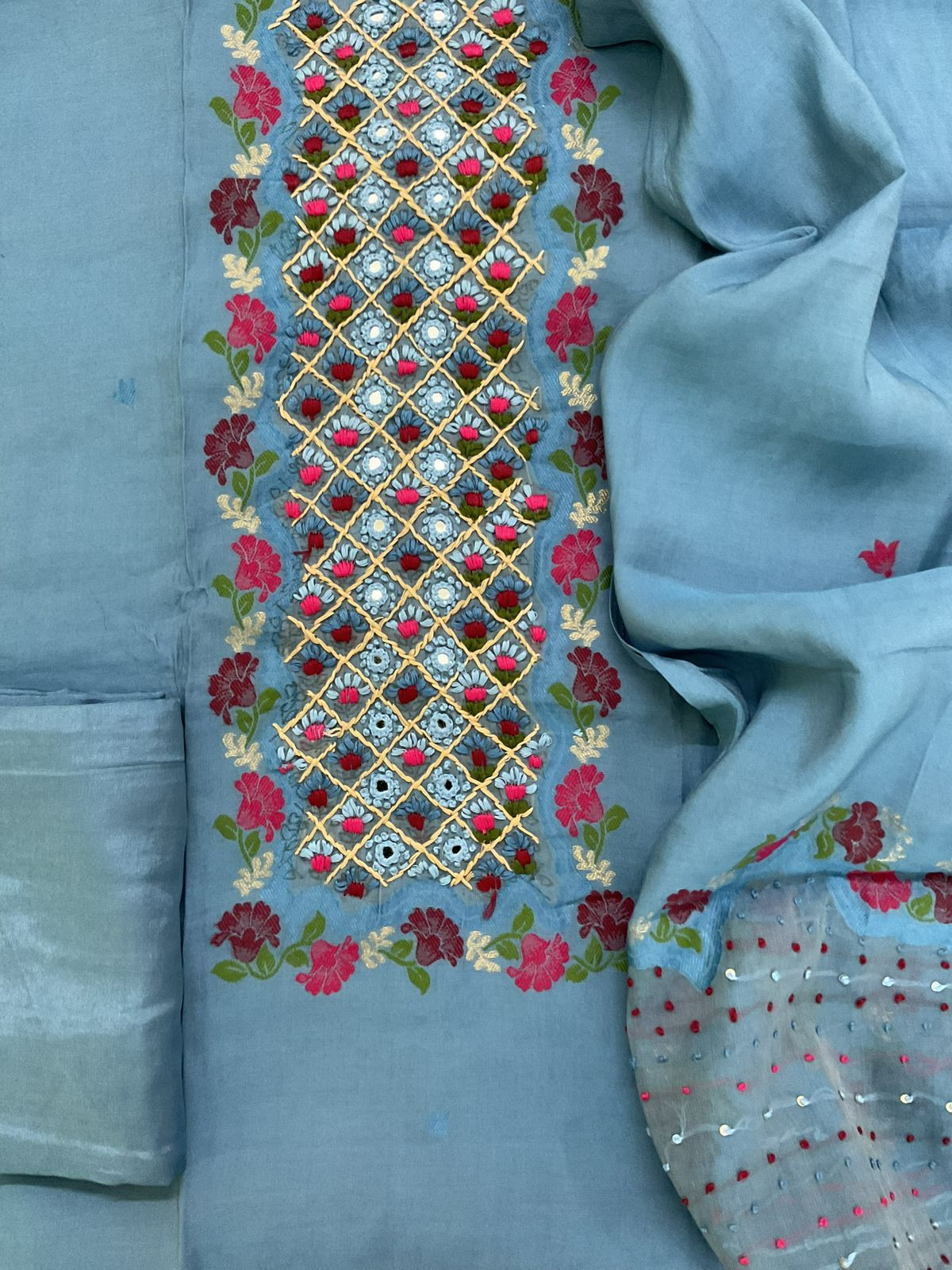 Pure Muslin Jamdani Weaved Embroidered Suit - Blue