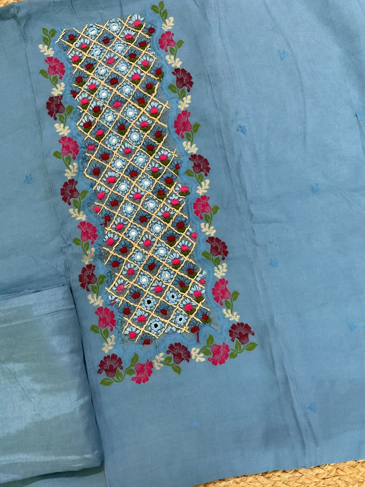 Pure Muslin Jamdani Weaved Embroidered Suit - Blue