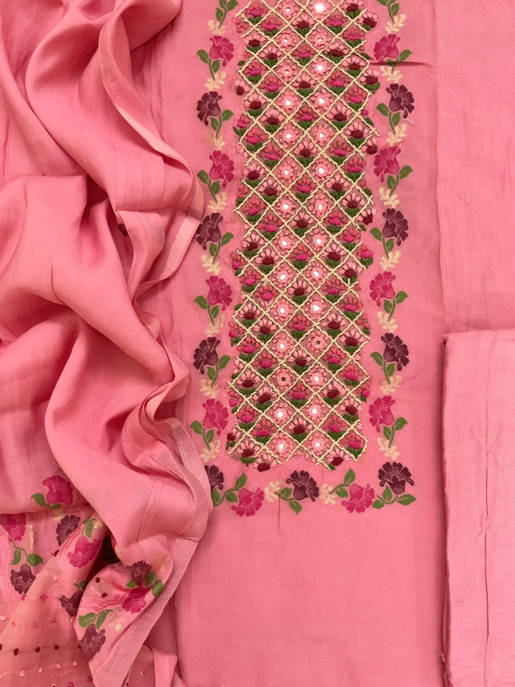 Image of Pure Muslin Jamdani Weaved Embroidered Suit - Pink