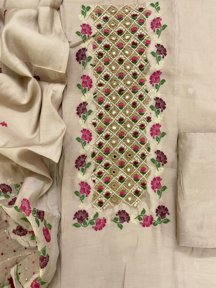 Image of Pure Muslin Jamdani Weaved Embroidered Suit - Beige