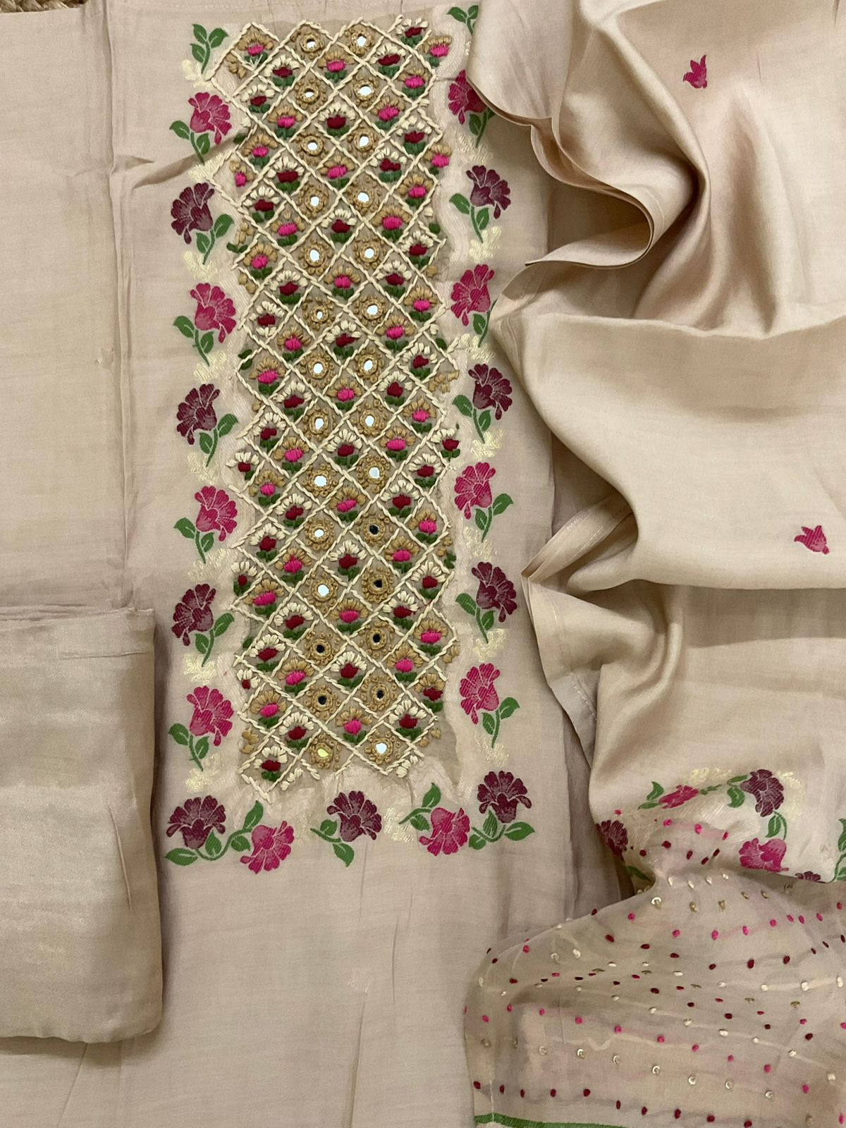 Pure Muslin Jamdani Weaved Embroidered Suit - Beige