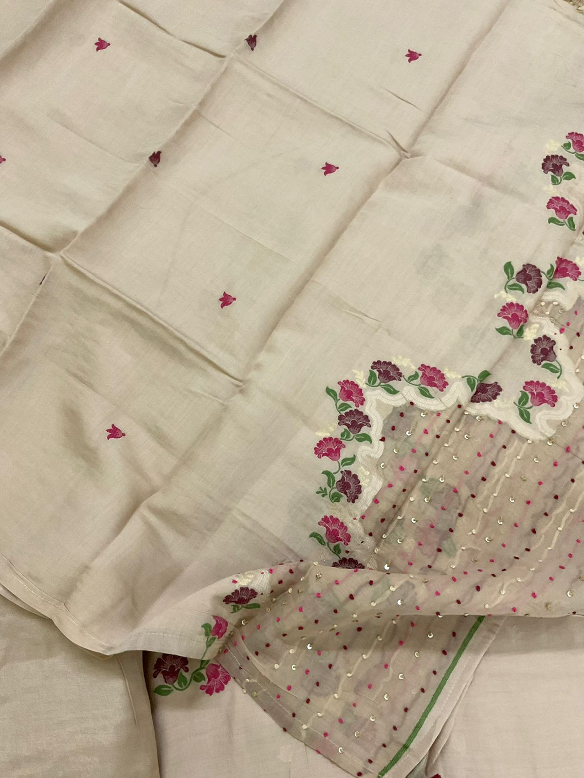 Pure Muslin Jamdani Weaved Embroidered Suit - Beige