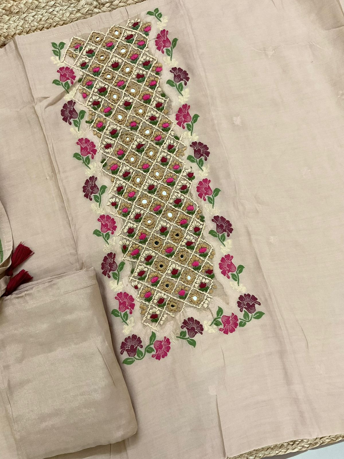 Pure Muslin Jamdani Weaved Embroidered Suit - Beige