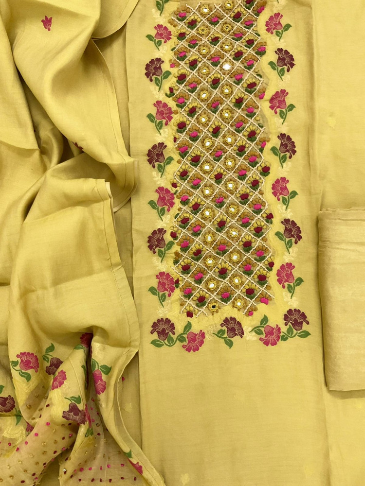 Image of Pure Muslin Jamdani Weaved Embroidered Suit - Mustard
