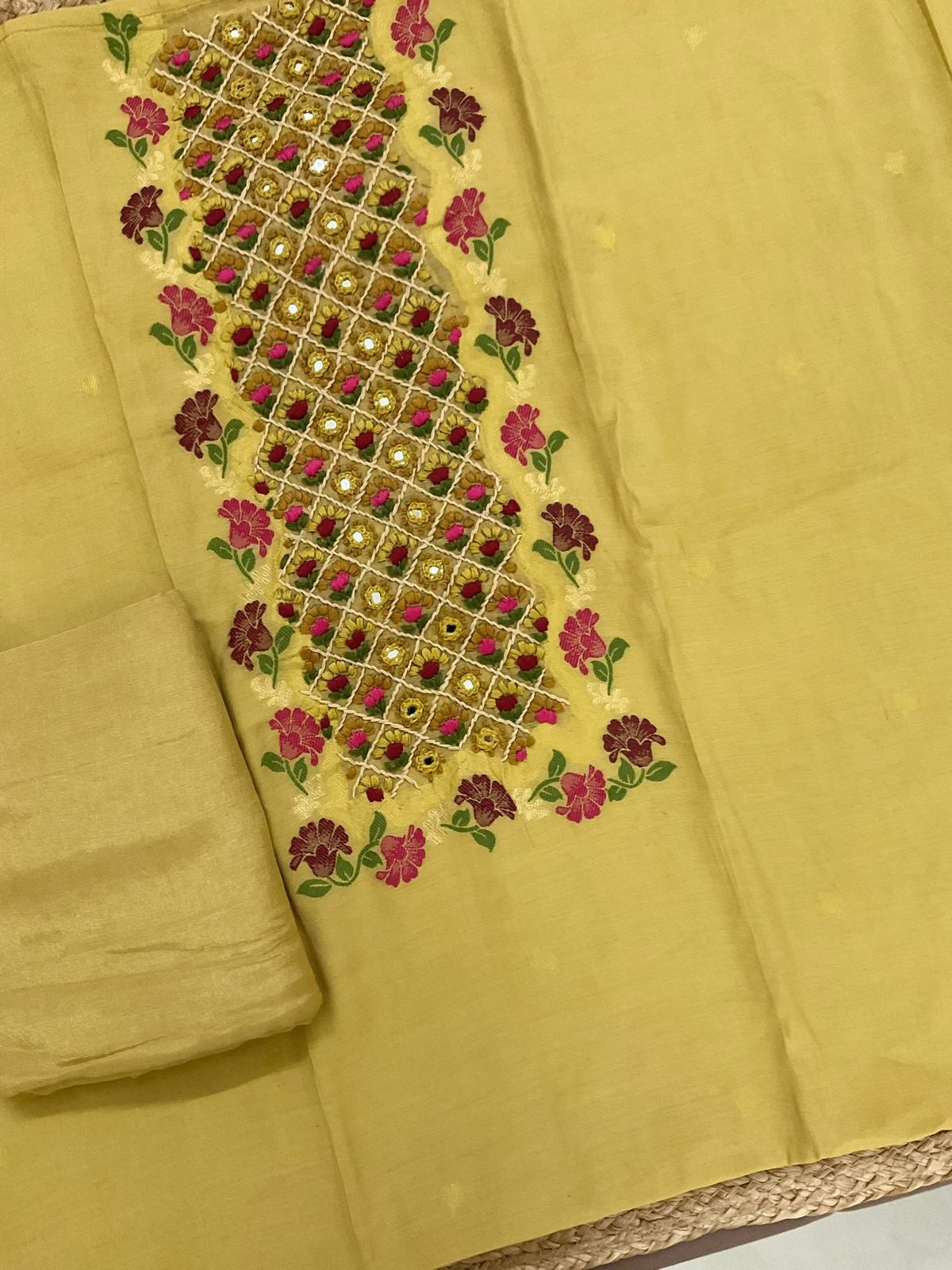 Pure Muslin Jamdani Weaved Embroidered Suit - Mustard