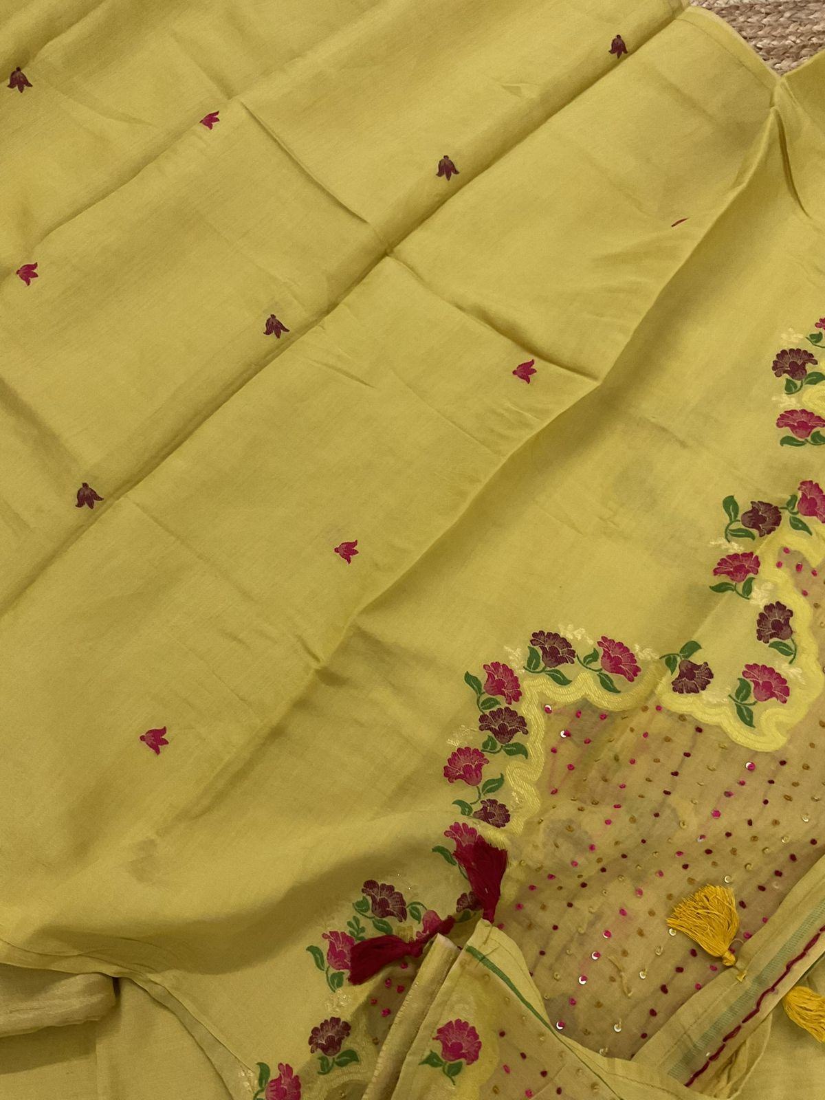 Pure Muslin Jamdani Weaved Embroidered Suit - Mustard