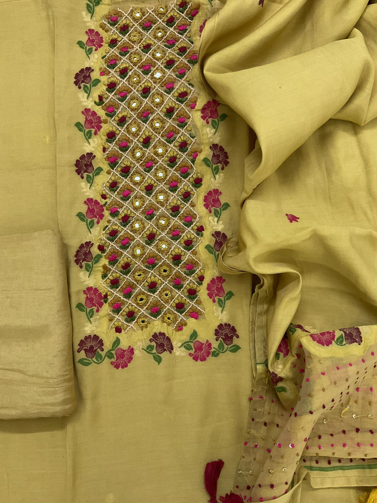 Pure Muslin Jamdani Weaved Embroidered Suit - Mustard