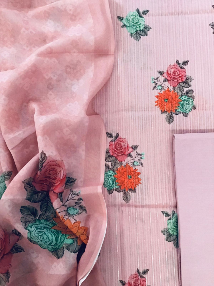 Image of Pure Cotton Printed Self Weaved Suit - Pink
