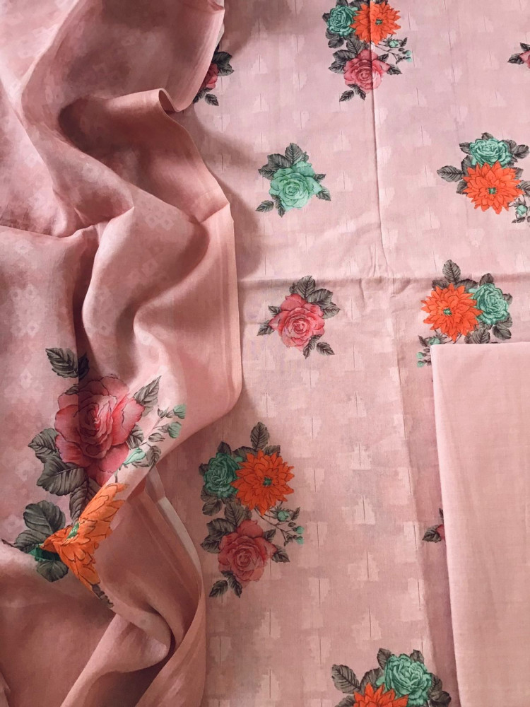 Image of Pure Cotton Printed Self Weaved Suit - Onion Pink