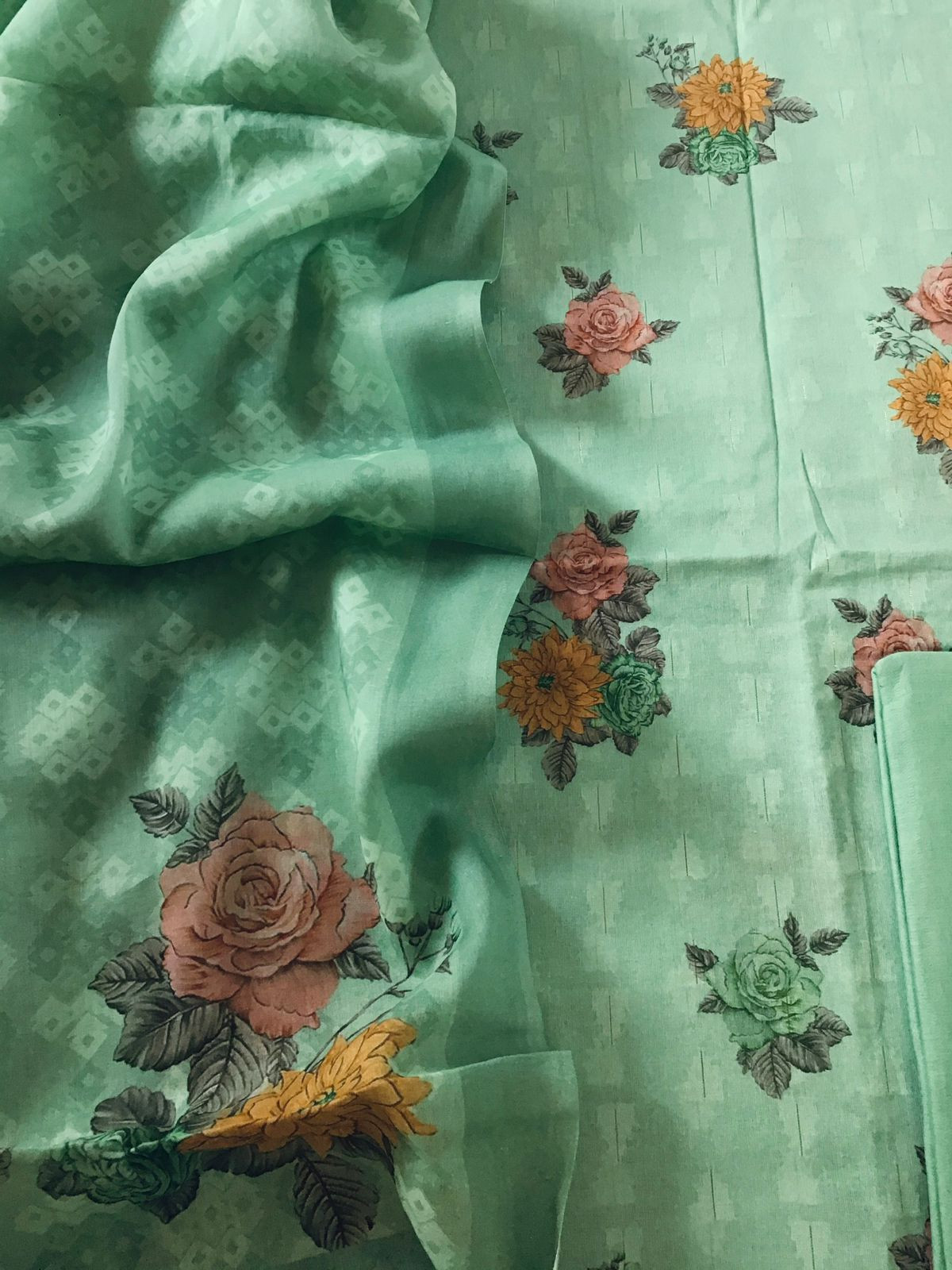 Pure Cotton Printed Self Weaved Suit - Green