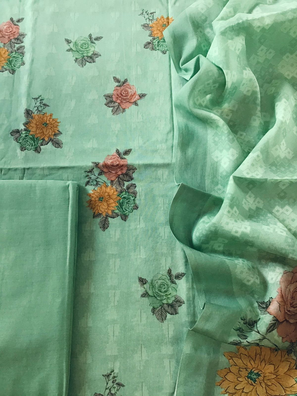 Pure Cotton Printed Self Weaved Suit - Green